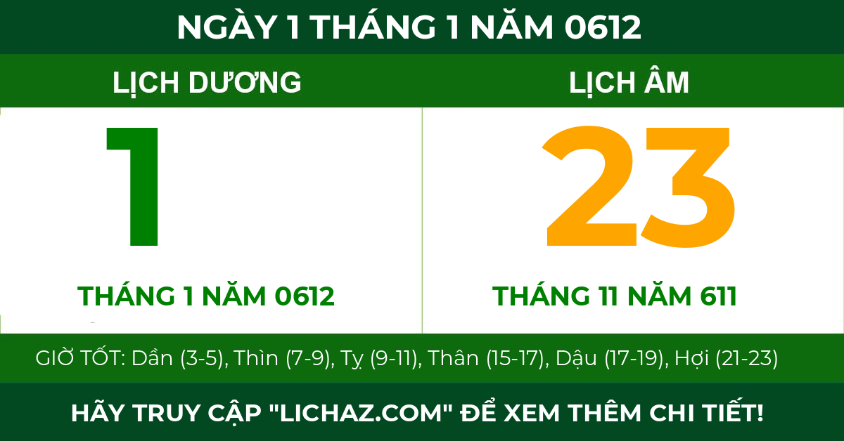 lịch âm ngày 1 tháng 1 năm 0612