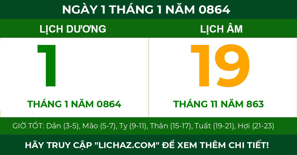 lịch âm ngày 1 tháng 1 năm 0864
