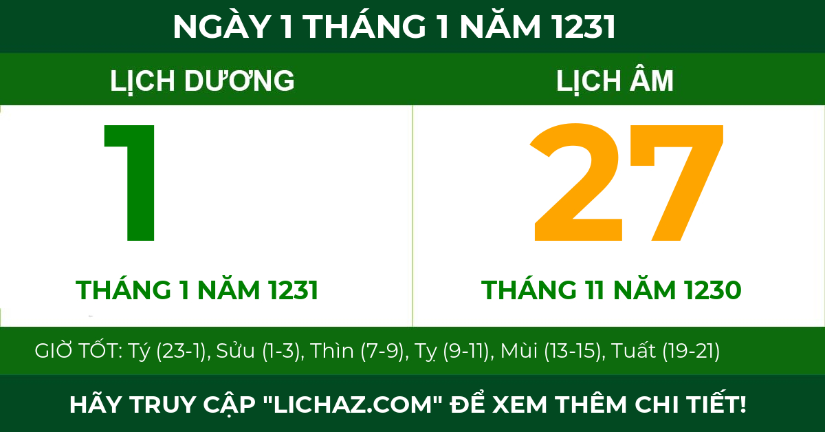 lịch âm ngày 1 tháng 1 năm 1231