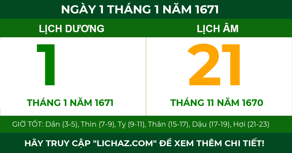lịch âm ngày 1 tháng 1 năm 1671