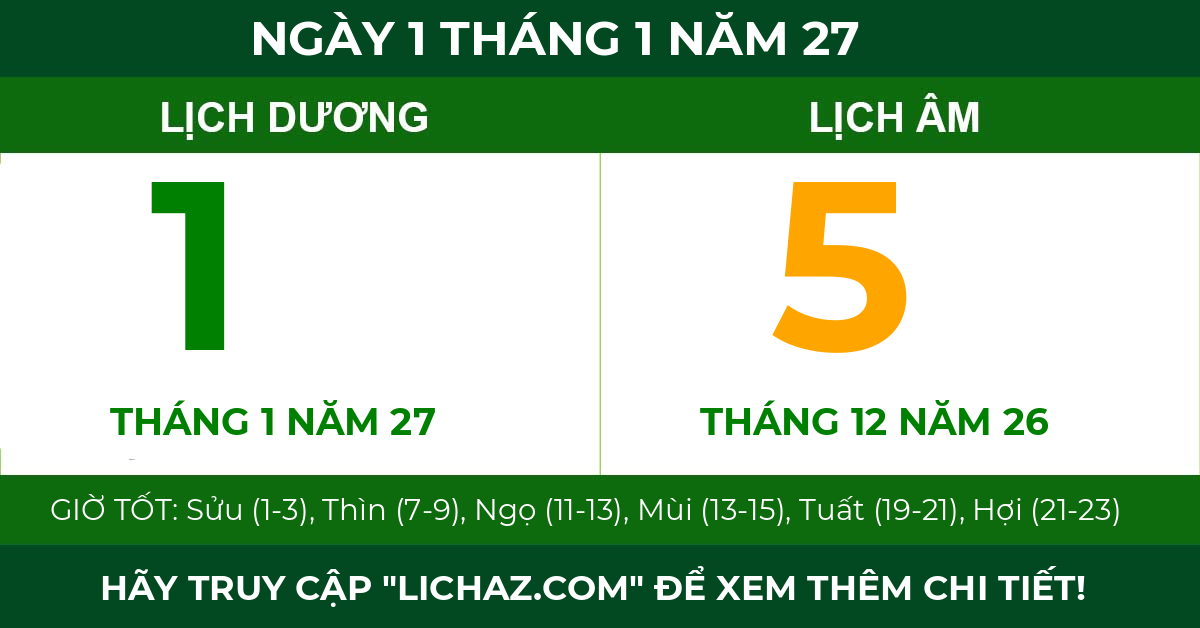 lịch âm ngày 1 tháng 1 năm 27