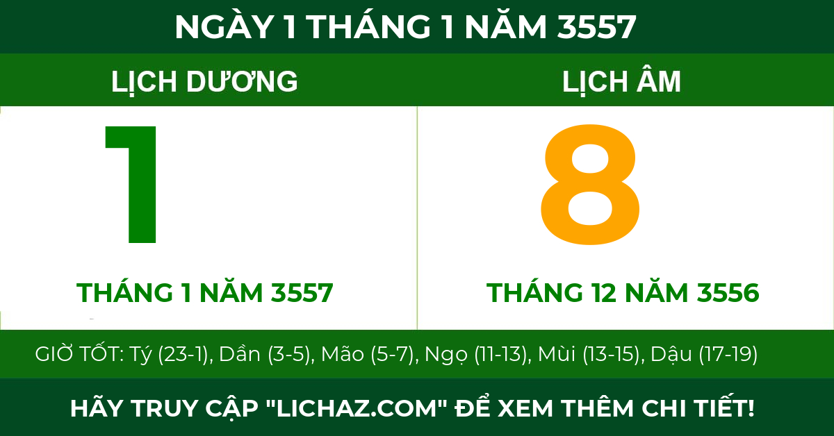 lịch âm ngày 1 tháng 1 năm 3557