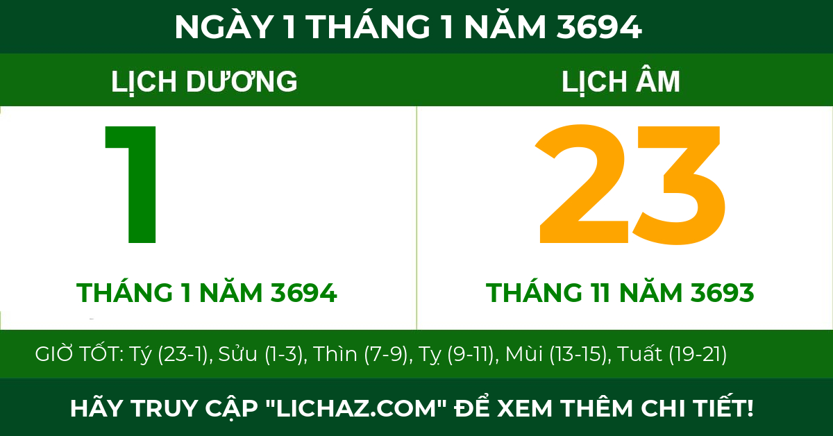 lịch âm ngày 1 tháng 1 năm 3694
