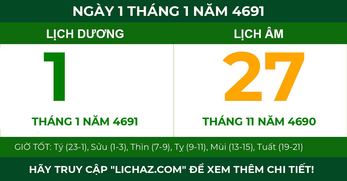 lịch âm ngày 1 tháng 1 năm 4691