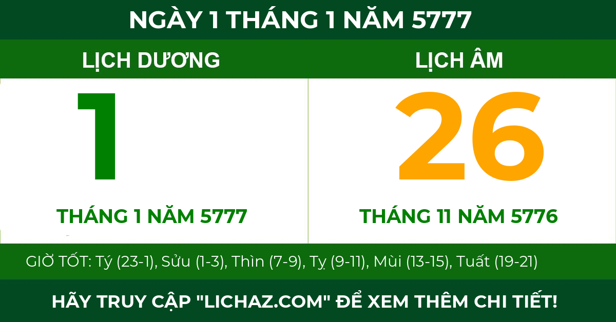 lịch âm ngày 1 tháng 1 năm 5777