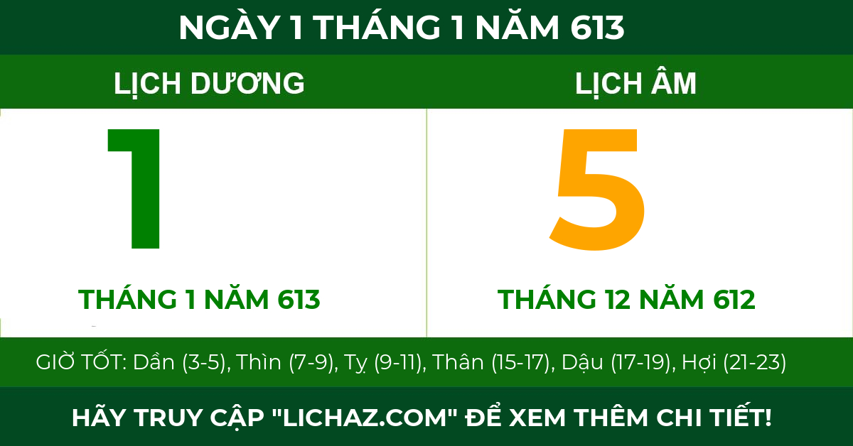 lịch âm ngày 1 tháng 1 năm 613