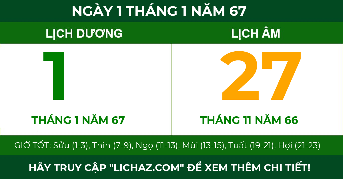 lịch âm ngày 1 tháng 1 năm 67