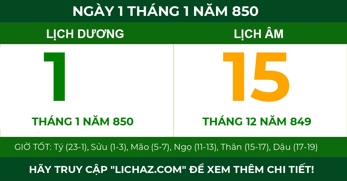 lịch âm ngày 1 tháng 1 năm 850