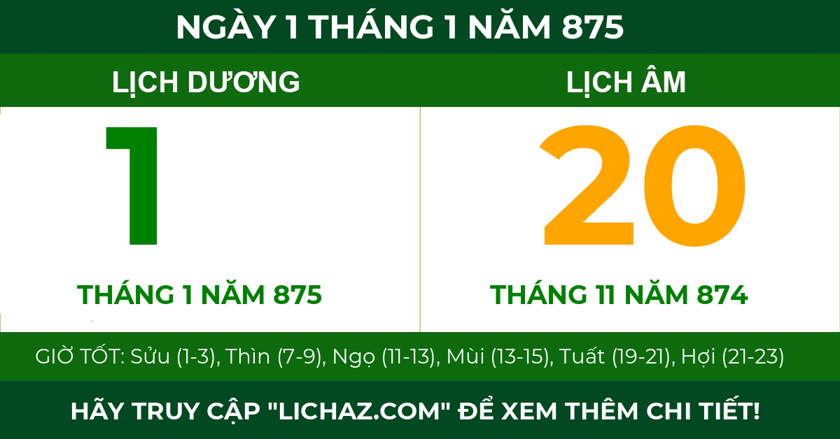 lịch âm ngày 1 tháng 1 năm 875