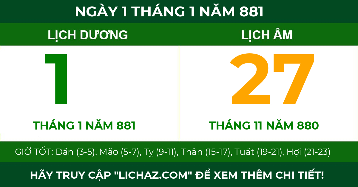 lịch âm ngày 1 tháng 1 năm 881