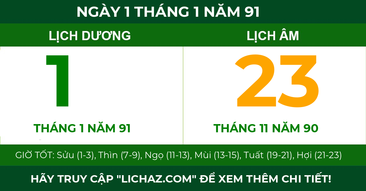lịch âm ngày 1 tháng 1 năm 91