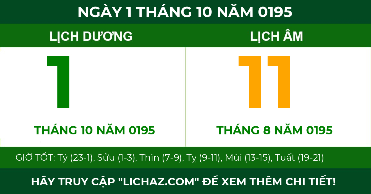 lịch âm ngày 1 tháng 10 năm 0195