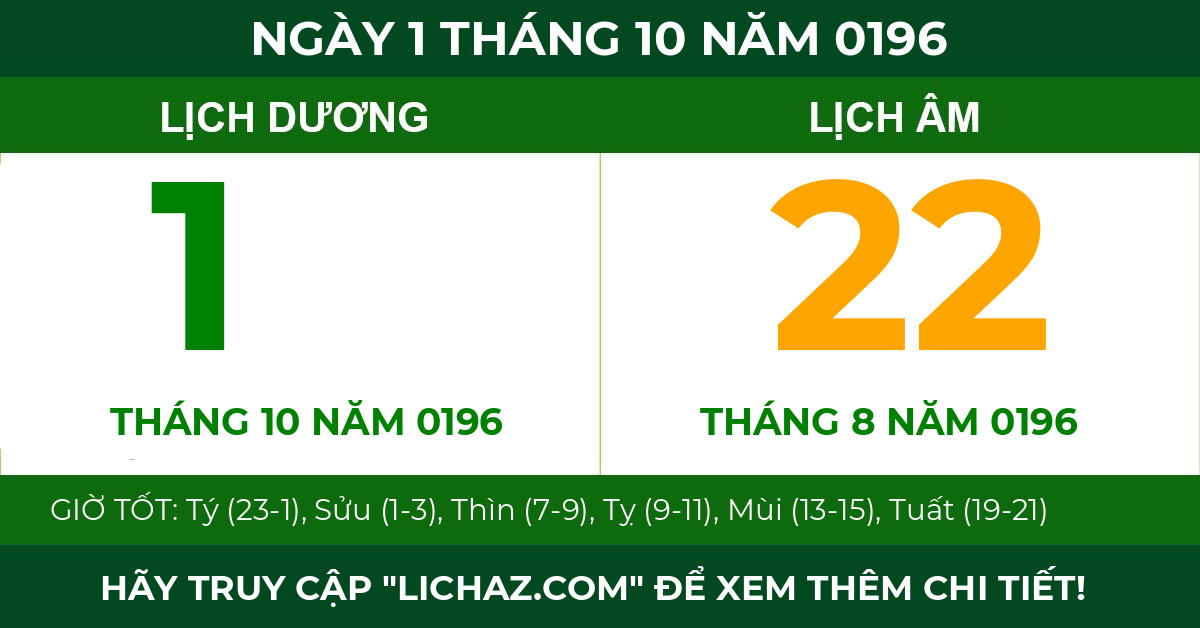 lịch âm ngày 1 tháng 10 năm 0196