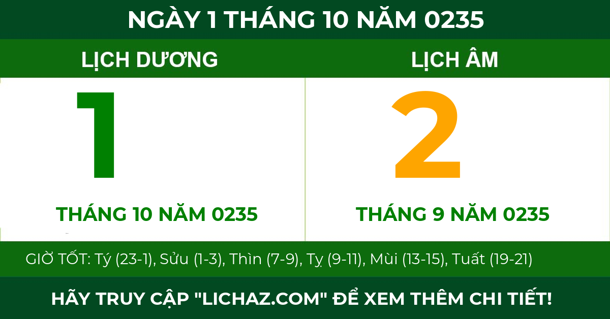 lịch âm ngày 1 tháng 10 năm 0235