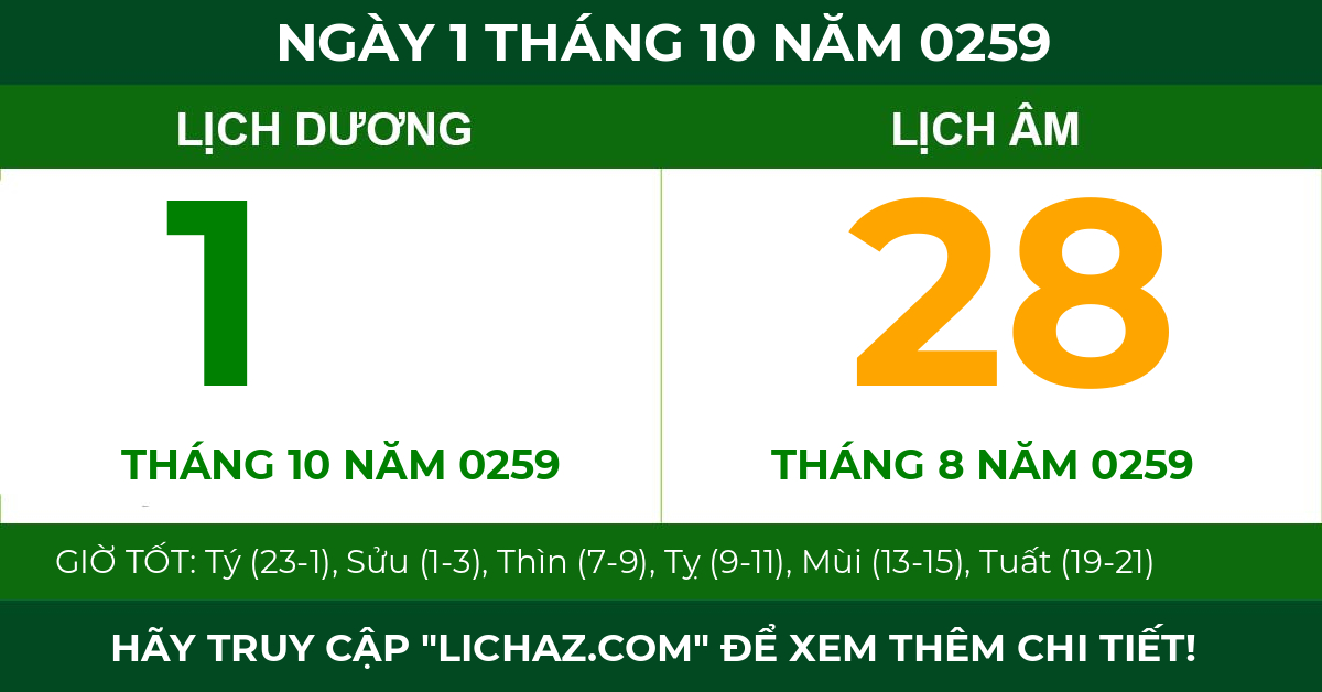 lịch âm ngày 1 tháng 10 năm 0259