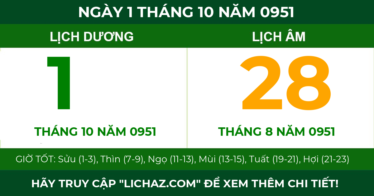 lịch âm ngày 1 tháng 10 năm 0951