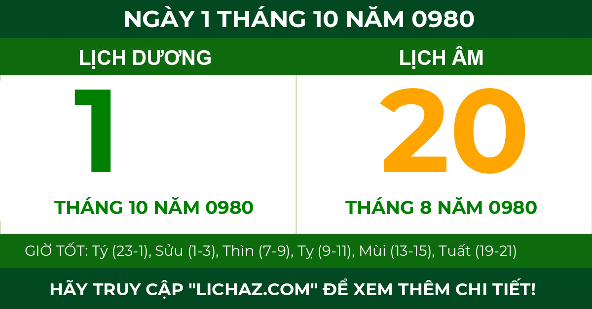 lịch âm ngày 1 tháng 10 năm 0980