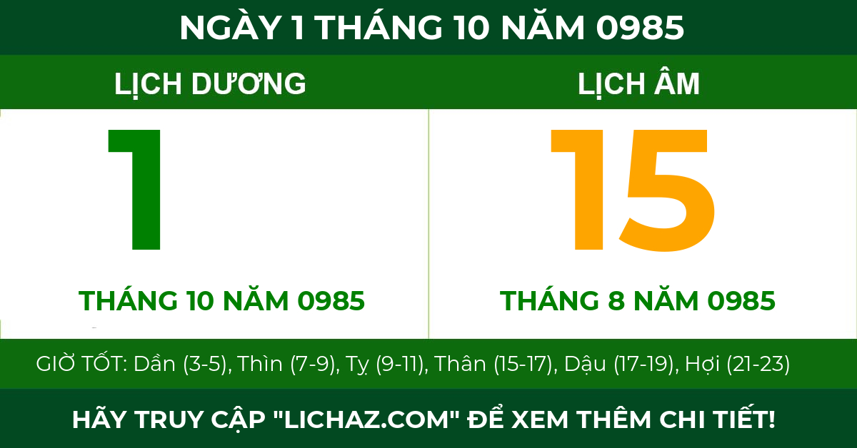 lịch âm ngày 1 tháng 10 năm 0985