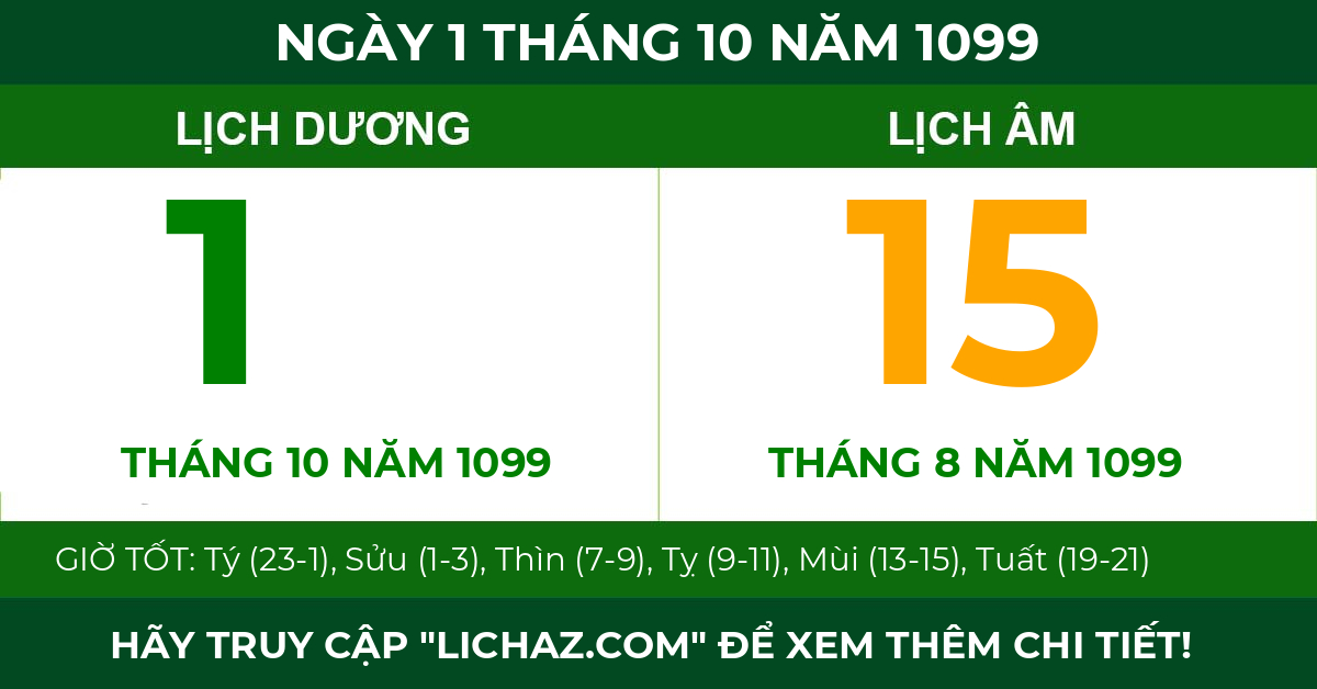 lịch âm ngày 1 tháng 10 năm 1099