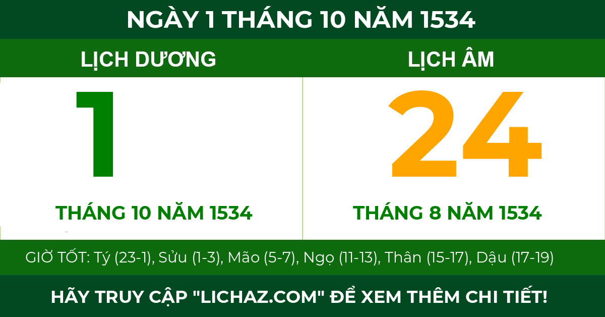lịch âm ngày 1 tháng 10 năm 1534