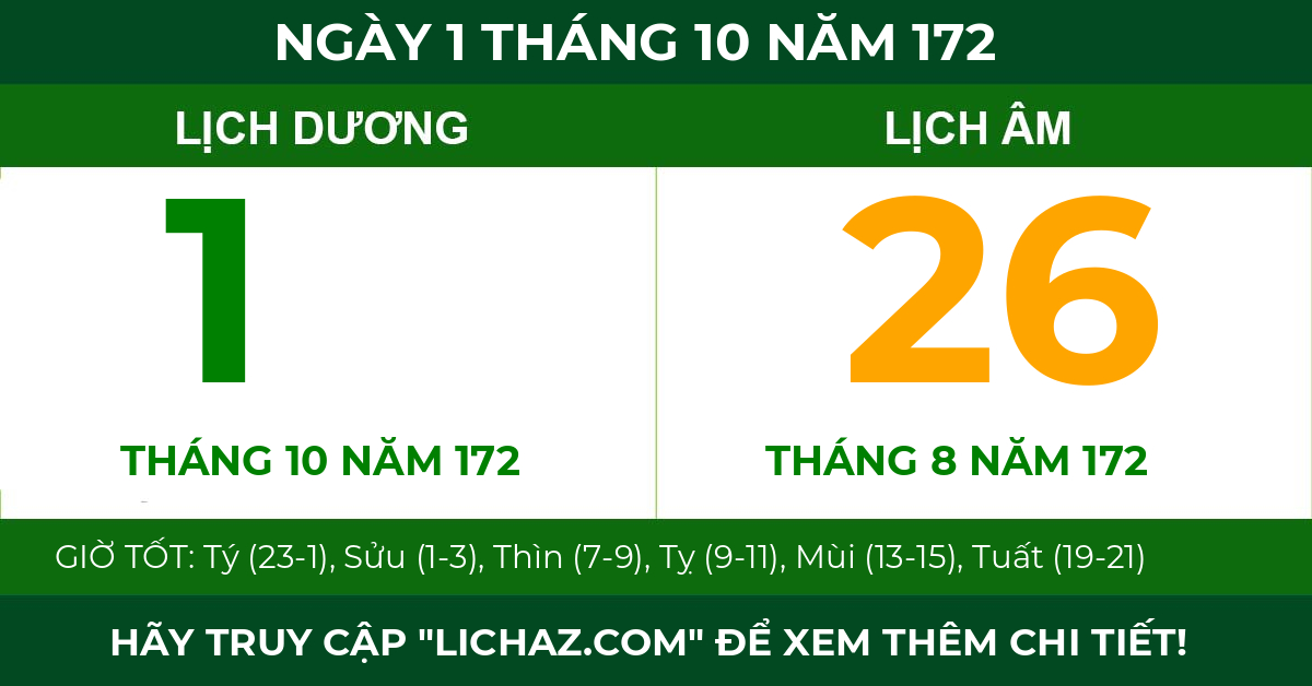 lịch âm ngày 1 tháng 10 năm 172