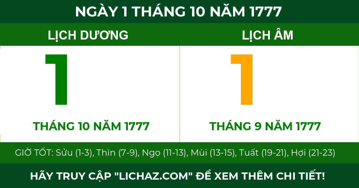 lịch âm ngày 1 tháng 10 năm 1777