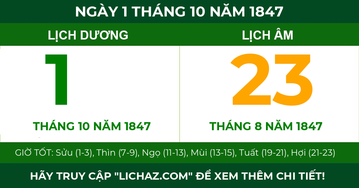 lịch âm ngày 1 tháng 10 năm 1847