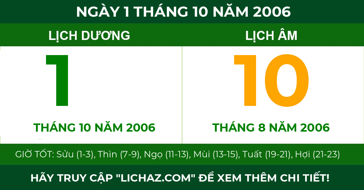 lịch âm ngày 1 tháng 10 năm 2006