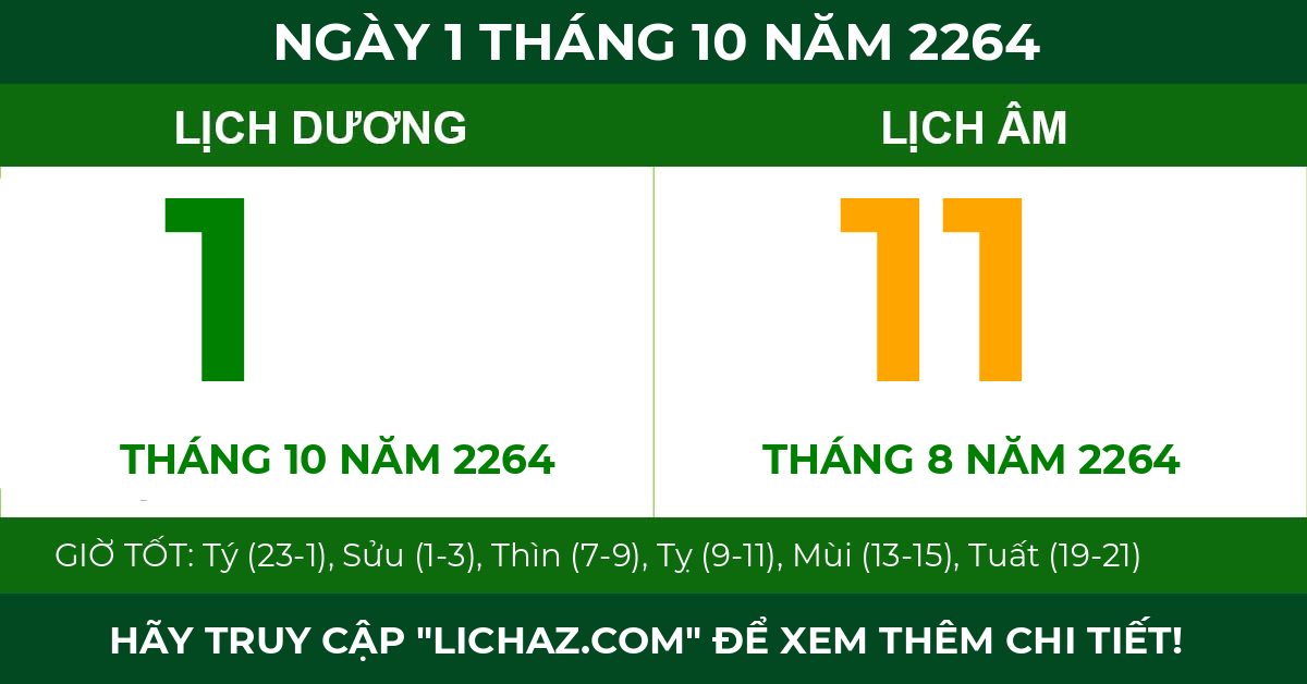 lịch âm ngày 1 tháng 10 năm 2264