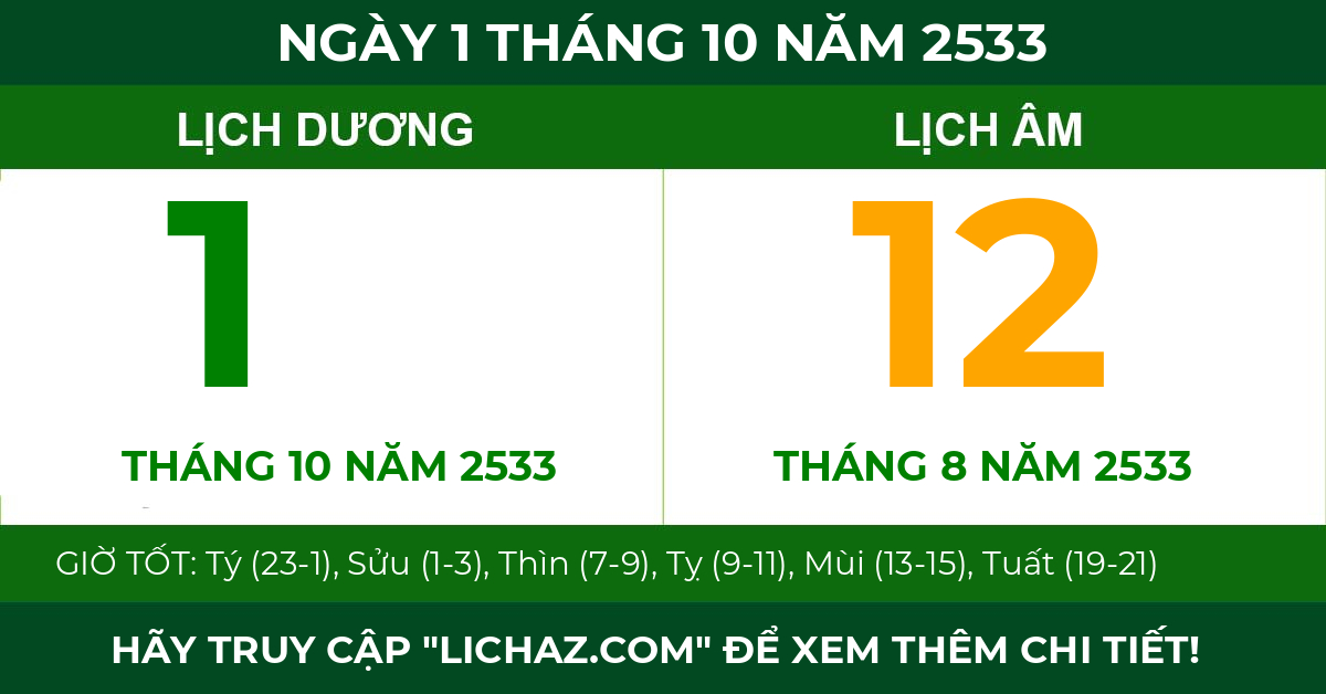 lịch âm ngày 1 tháng 10 năm 2533