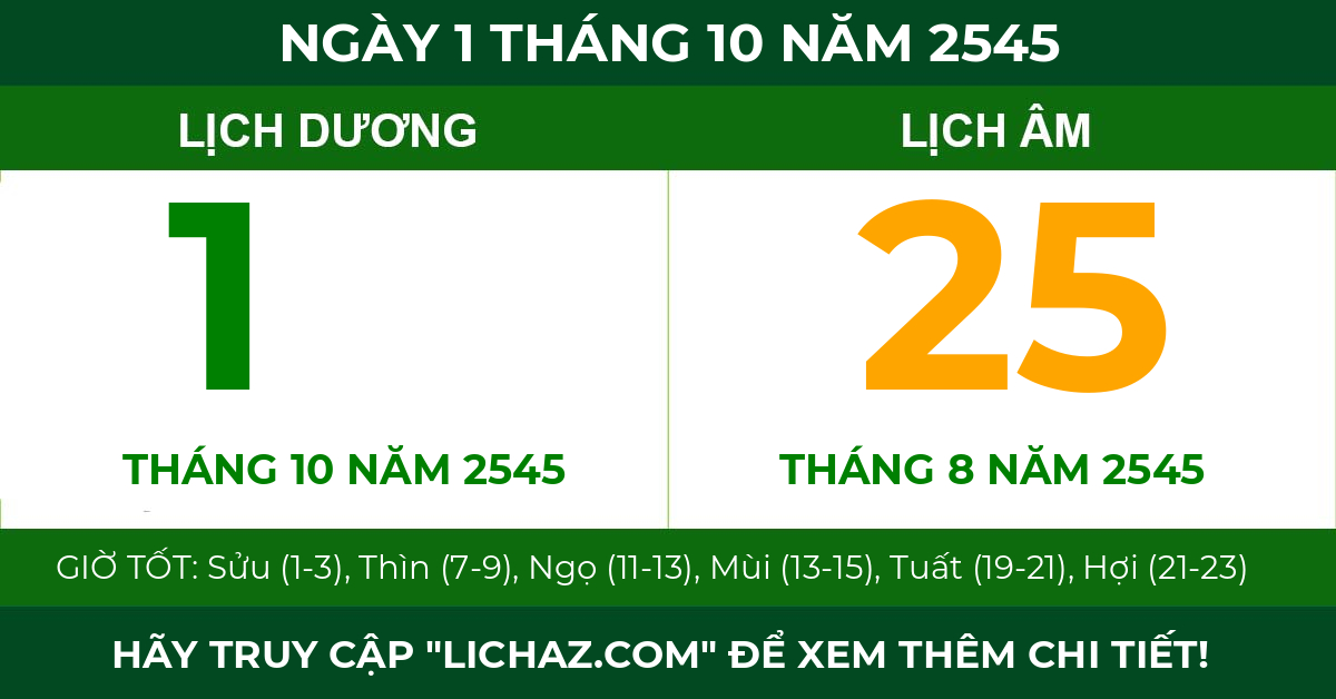 lịch âm ngày 1 tháng 10 năm 2545