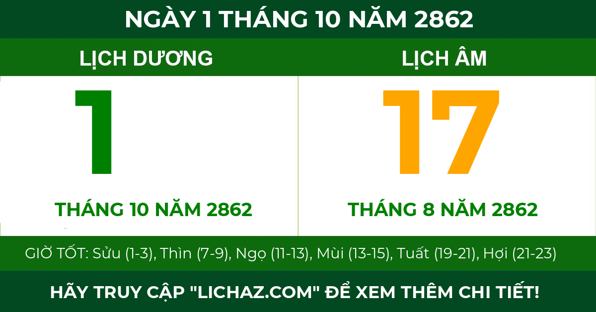 lịch âm ngày 1 tháng 10 năm 2862