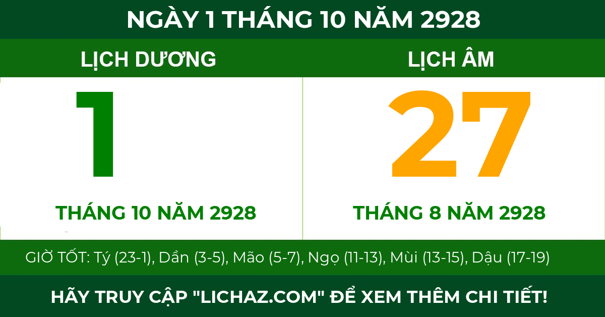 lịch âm ngày 1 tháng 10 năm 2928