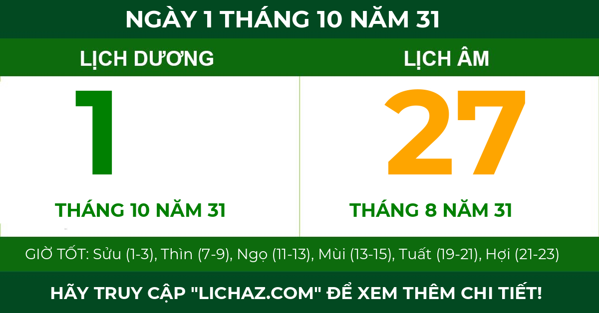 lịch âm ngày 1 tháng 10 năm 31