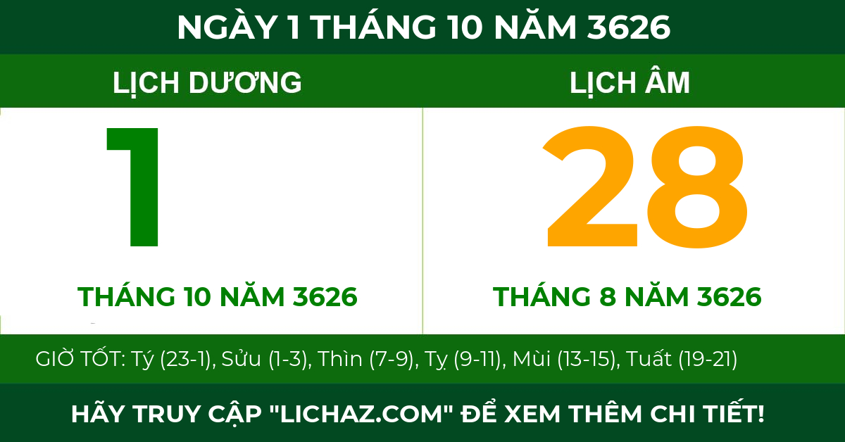 lịch âm ngày 1 tháng 10 năm 3626