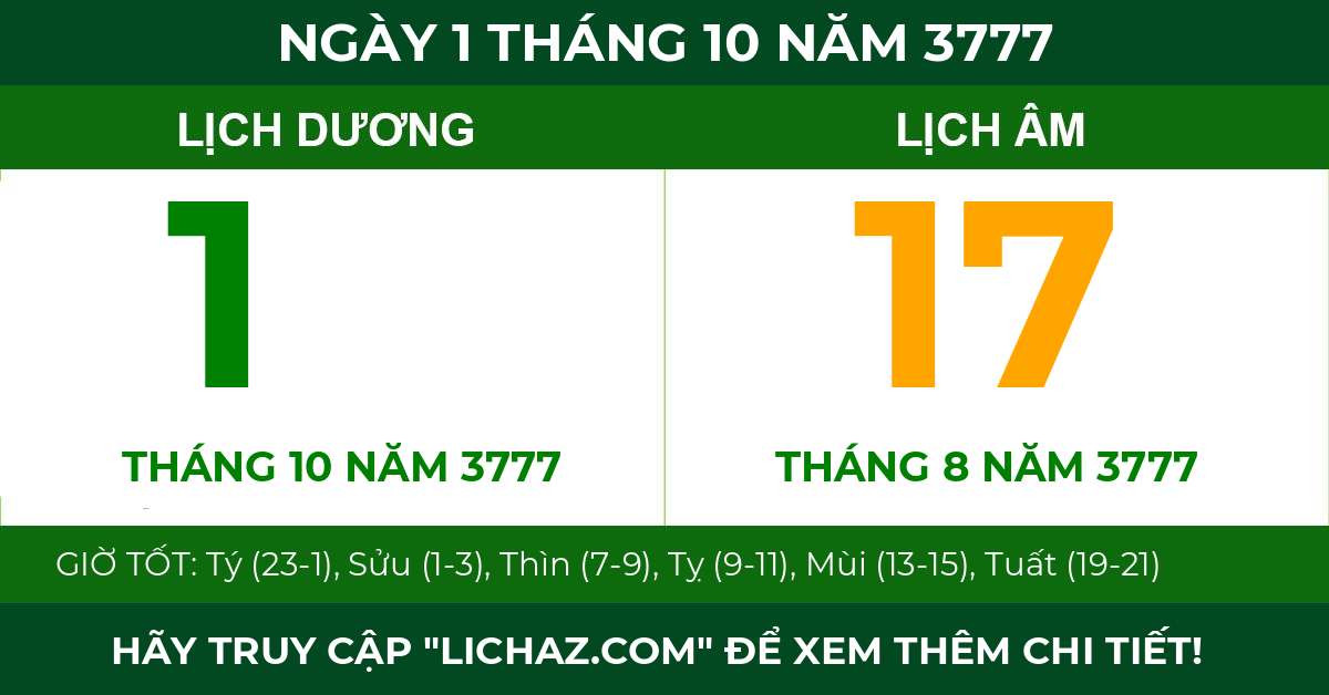 lịch âm ngày 1 tháng 10 năm 3777