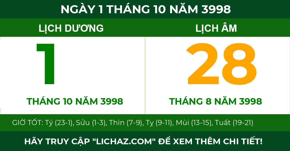 lịch âm ngày 1 tháng 10 năm 3998
