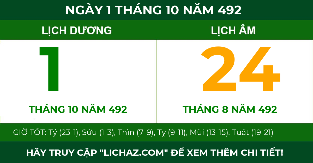 lịch âm ngày 1 tháng 10 năm 492