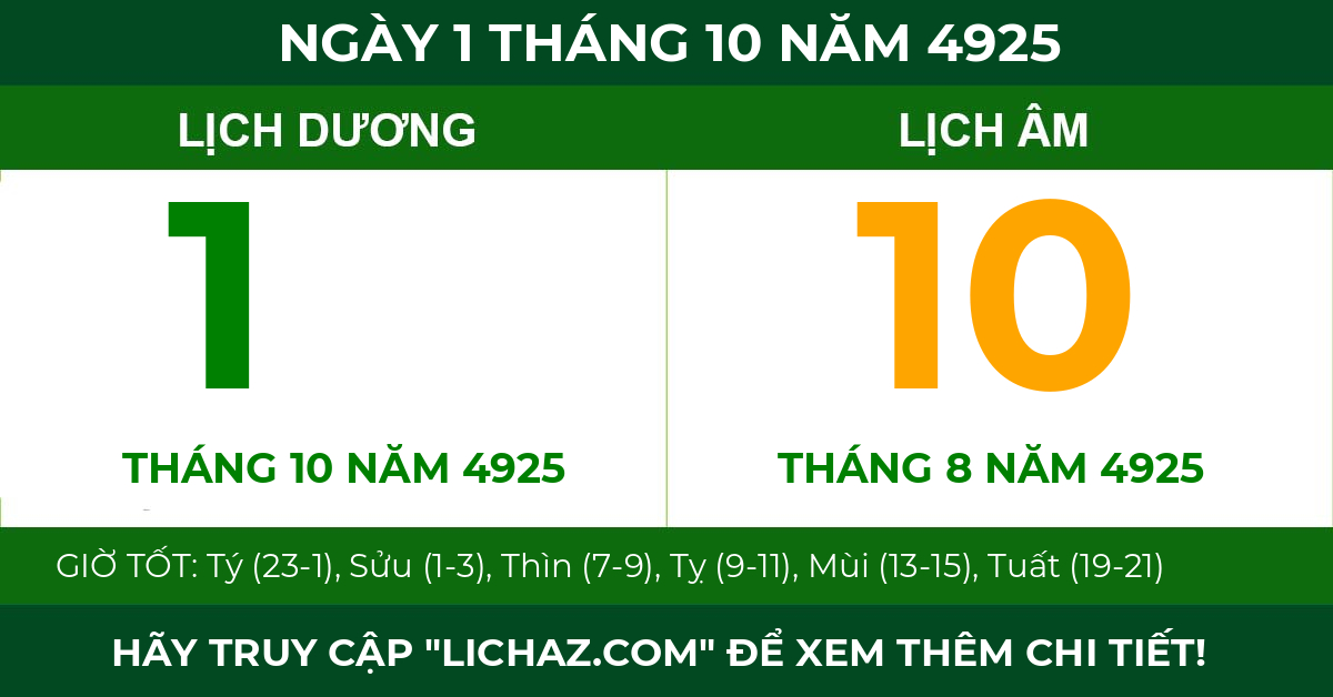 lịch âm ngày 1 tháng 10 năm 4925