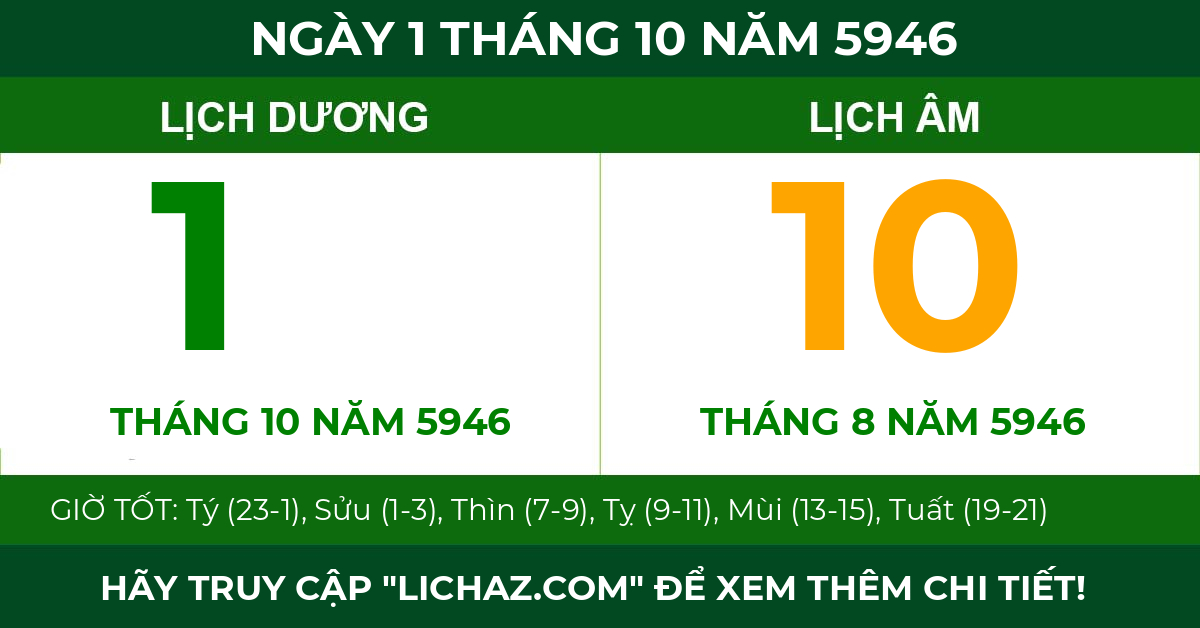 lịch âm ngày 1 tháng 10 năm 5946