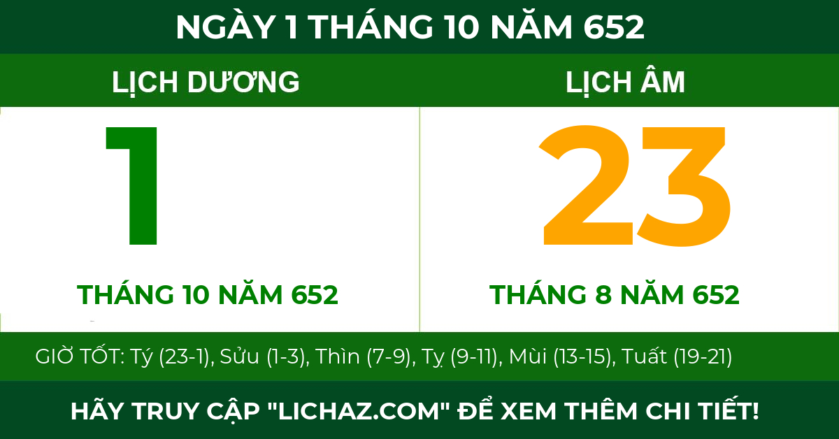 lịch âm ngày 1 tháng 10 năm 652