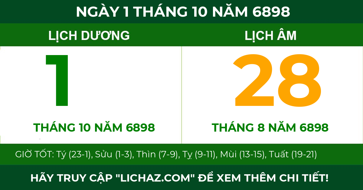 lịch âm ngày 1 tháng 10 năm 6898