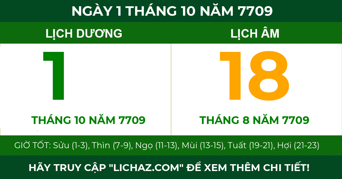 lịch âm ngày 1 tháng 10 năm 7709