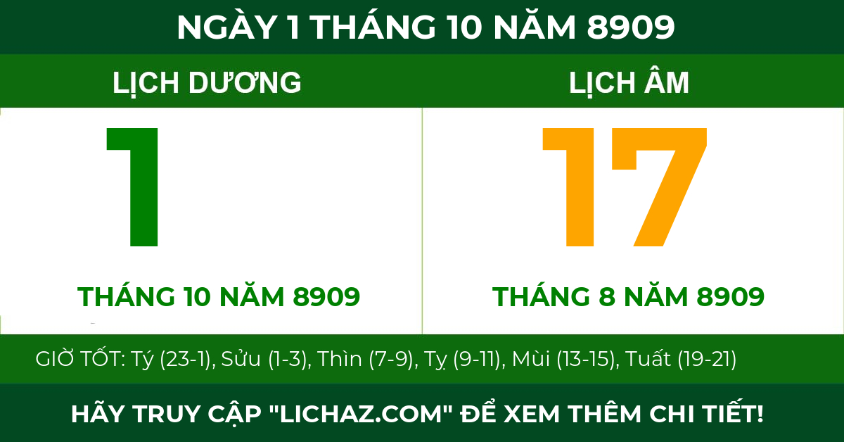 lịch âm ngày 1 tháng 10 năm 8909