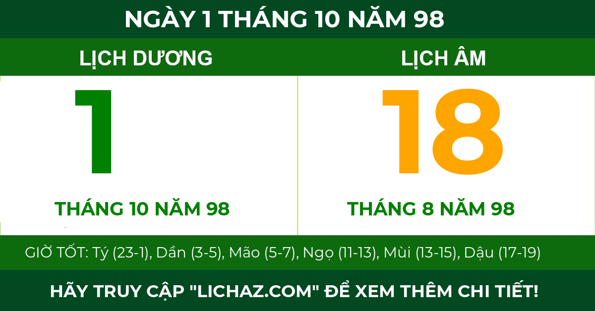 lịch âm ngày 1 tháng 10 năm 98