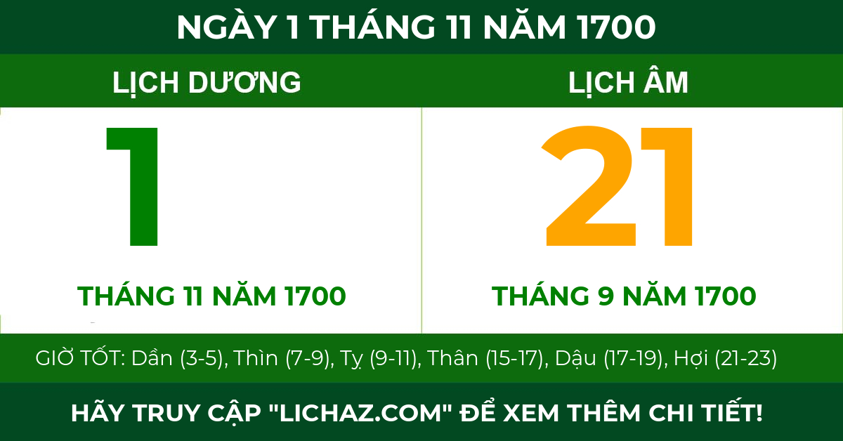 lịch âm ngày 1 tháng 11 năm 1700
