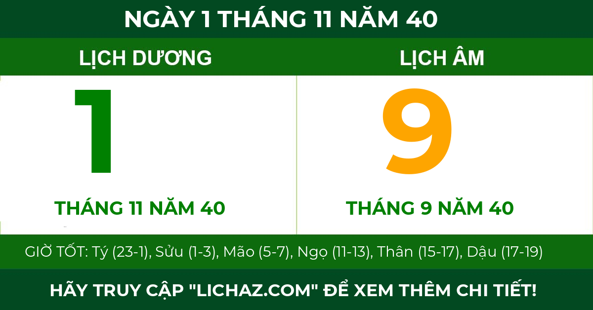 lịch âm ngày 1 tháng 11 năm 40