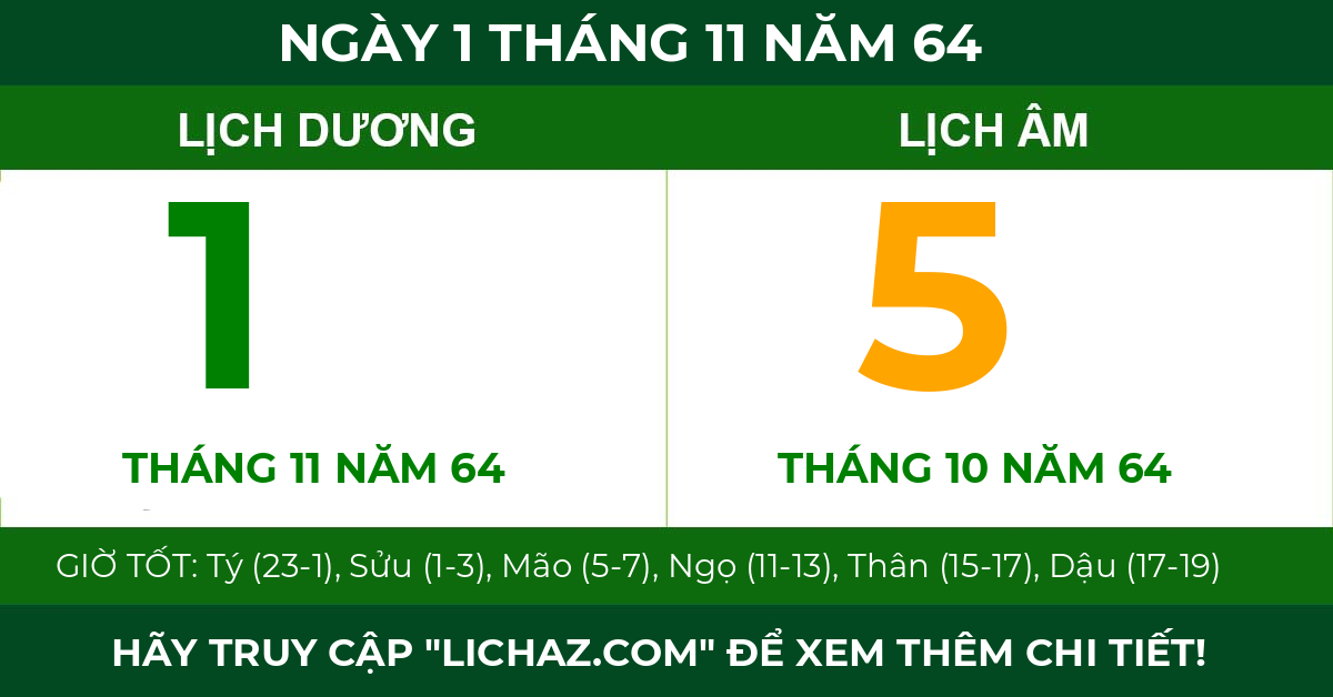 lịch âm ngày 1 tháng 11 năm 64