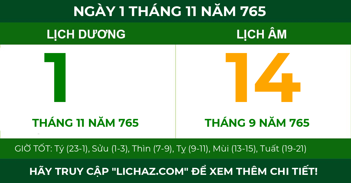 lịch âm ngày 1 tháng 11 năm 765