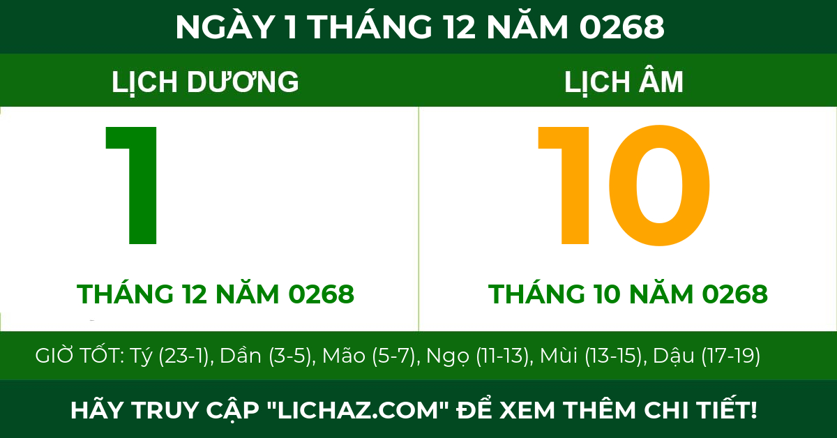 lịch âm ngày 1 tháng 12 năm 0268